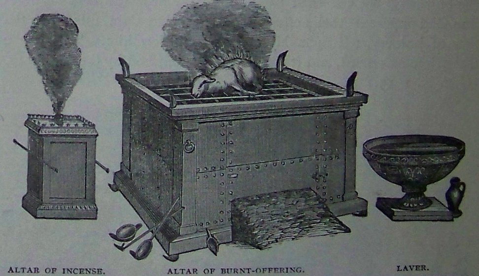 Het reukofferaltaar, het brandofferaltaar en het wasbekken van de bijbelse tabernakel; illustratie uit de Holman-bijbel uit 1890