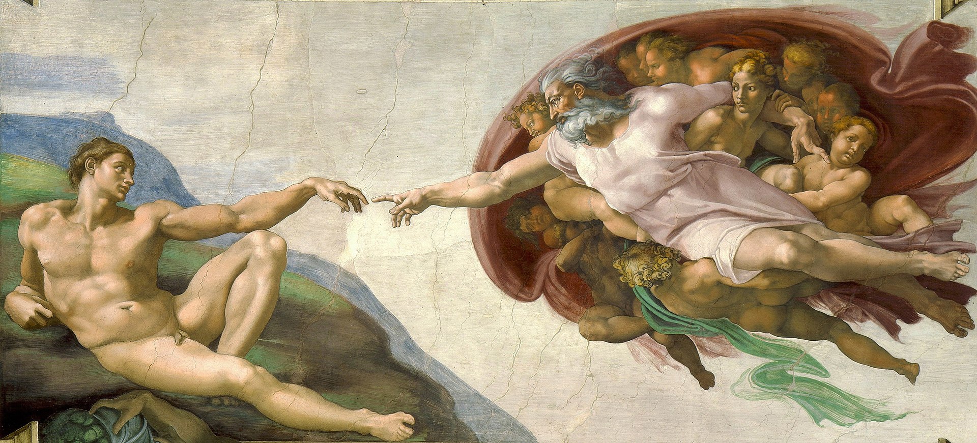 De schepping van Adam is een onderdeel van het fresco op het gewelf van de Sixtijnse Kapel in Vaticaanstad geschilderd door Michelangelo rond 1511
