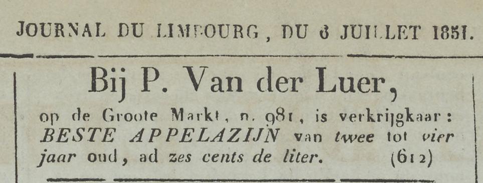 Advertentie waarin appelazijn wordt aangeboden in een krant uit 1851