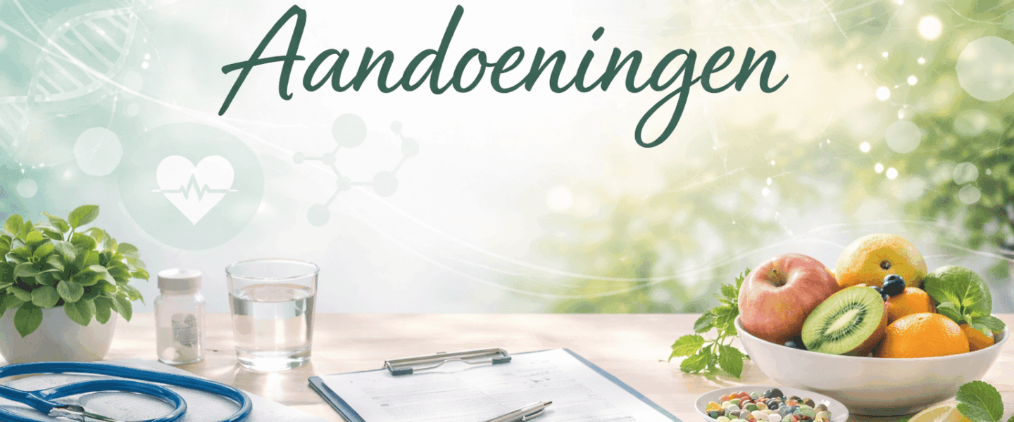 Brede headerafbeelding met medische en gezondheidsobjecten op een lichte tafel, waaronder een stethoscoop, dossiermap, glas water en een schaal fruit, met zachte wetenschappelijke patronen op de achtergrond.