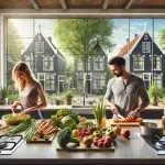 Afbeelding van een man en een vrouw in een moderne keuken die gezonde voeding bereiden