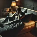 Afbeelding van een man in bed in een donkere kamer, die last heeft van migraine