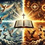 DALL·E 2024-06-16 18.59.29 – A wide image representing themes of God, the Bible, and concepts of good and evil. The image features a central open Bible with light rays emanating f