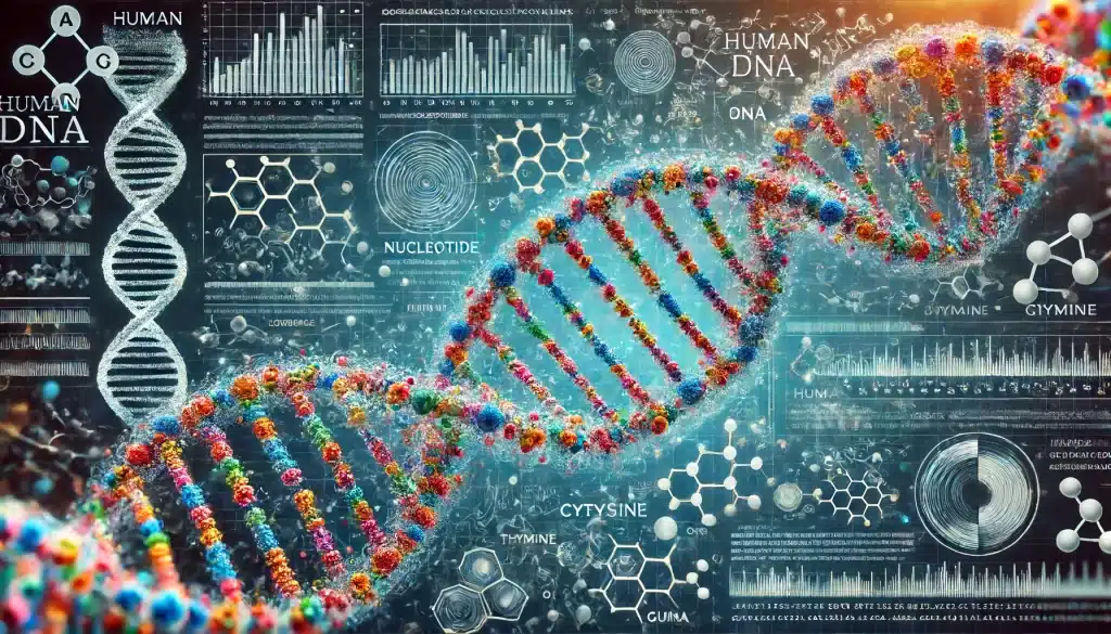 De afbeelding toont een molecuul van deoxyribonucleïnezuur (DNA), dat de genetische code bevat die uniek is voor elk individu.