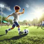 Een 9-jarig kind dat aan het voetballen is