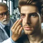 Een man met een muggenbult of zwelling op zijn ooglid bij de dokter
