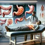 Een patiënt met auto-immuun gastritis ligt op een onderzoekstafel terwijl hij onderzocht wordt door de arts