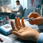 Fotorealistische afbeelding van een huisarts die de Hb-waarde meet met het HemoCue-apparaat, waarbij bloed via een vingerprik is verkregen