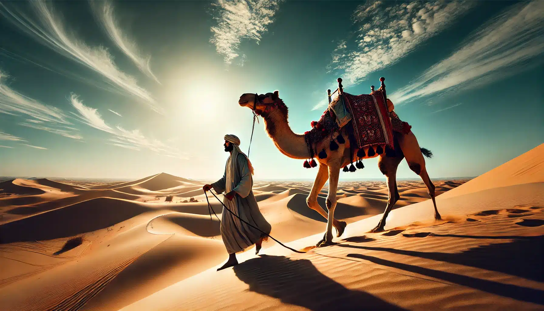 'Profeet' Mohammed met ene kameel in de woestijn.