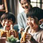 Twee kinderen die gezellig bananen eten met hun moeder