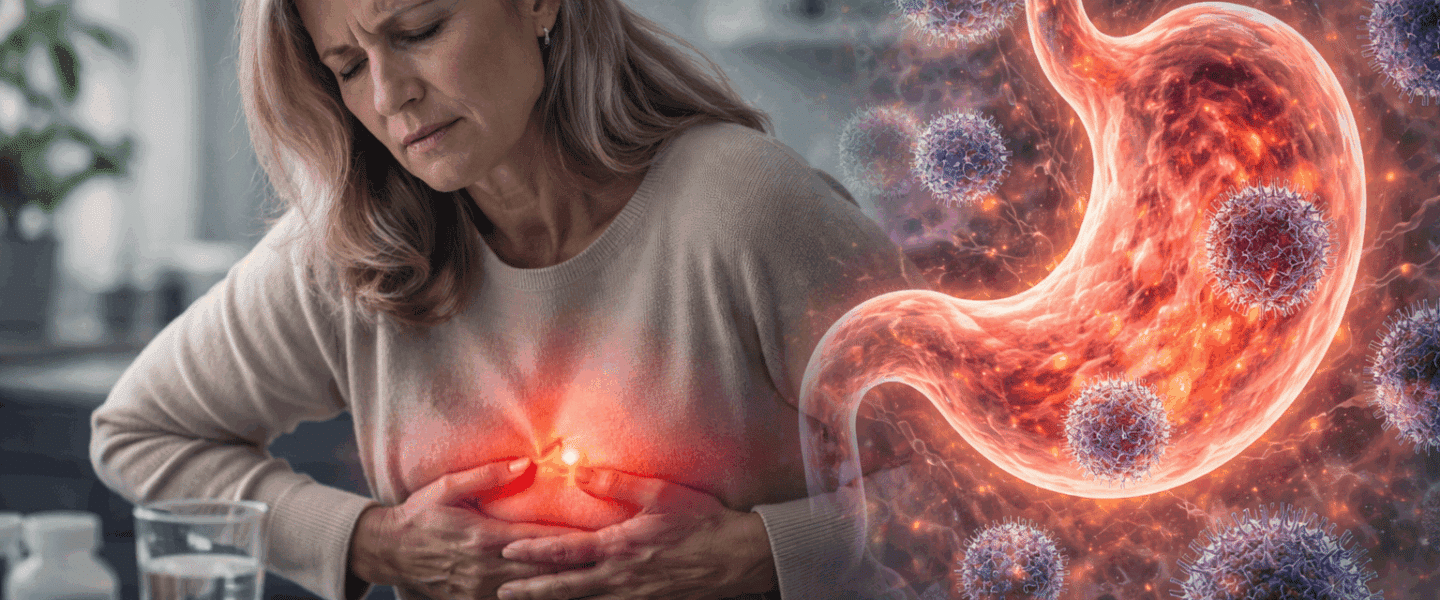 Vrouw met buikklachten zit aan tafel en houdt haar bovenbuik vast, terwijl een subtiel anatomisch effect van de maag en immuunactiviteit het thema auto-immuun gastritis verbeeldt.