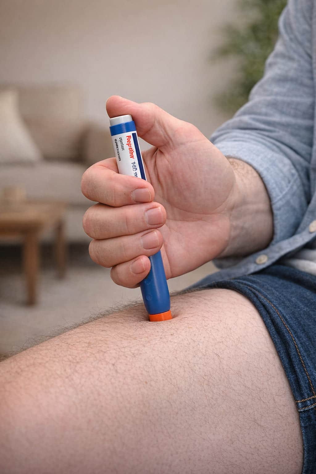 Man zet een evolocumab-injectie met een pen in het bovenbeen, in close-up gefotografeerd.