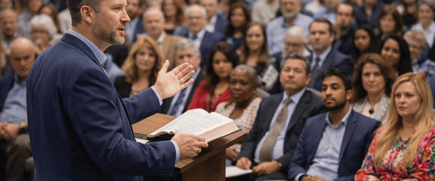 Man houdt lezing over presuppositionalisme in volle zaal met divers publiek in nette en kleurrijke kleding