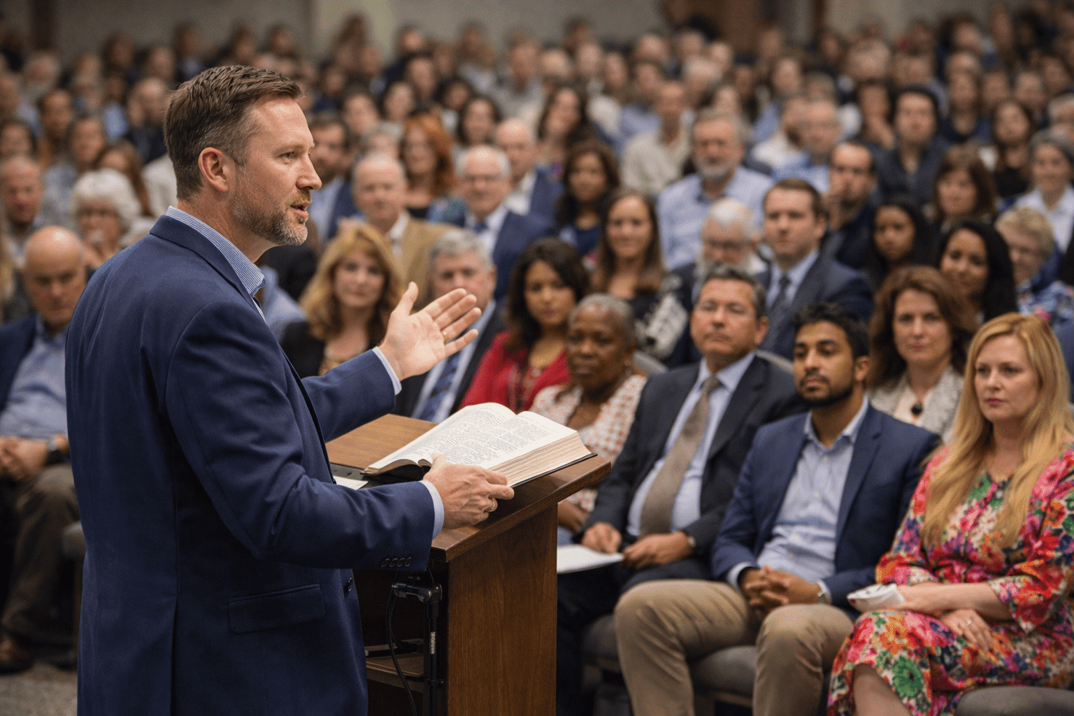 Man houdt lezing over presuppositionalisme in volle zaal met divers publiek in nette en kleurrijke kleding