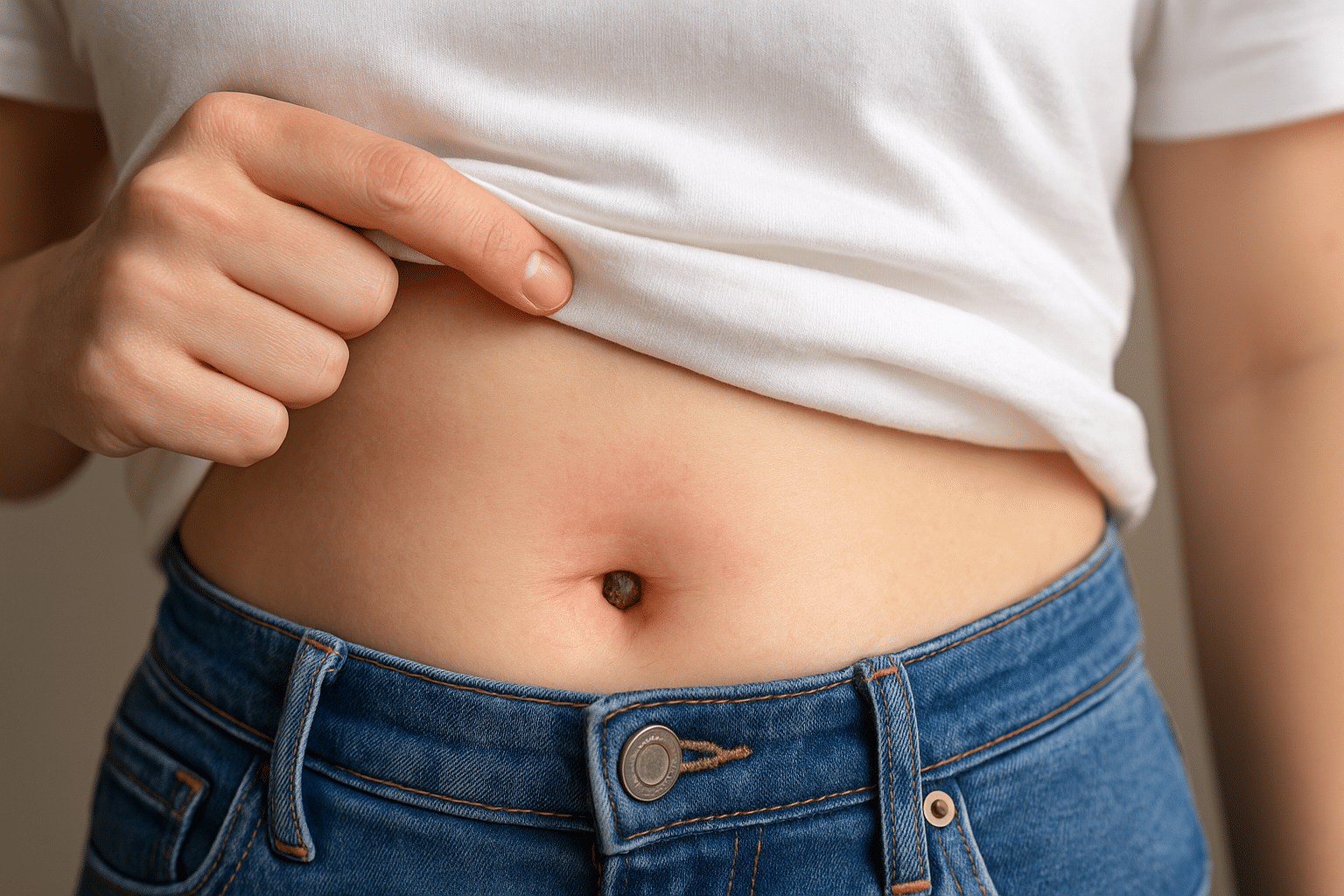 Close-up van een buik waarbij iemand met één hand de navel blootlegt; een kleine navelsteen is zichtbaar.