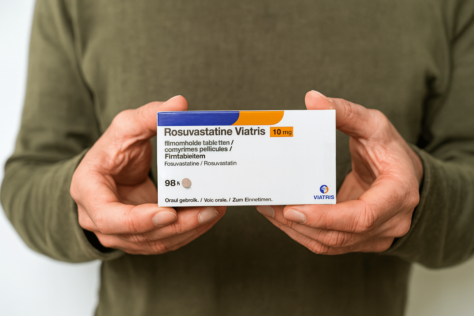 Persoon houdt een doosje Rosuvastatine Viatris 10 mg in beide handen, duidelijk zichtbaar tegen een neutrale achtergrond.