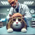 Afbeelding van een kat die een hersenschudding heeft opgelopen. De kat ligt op een veterinair onderzoekstafel, kijkt verdwaasd en gedesoriënteerd.