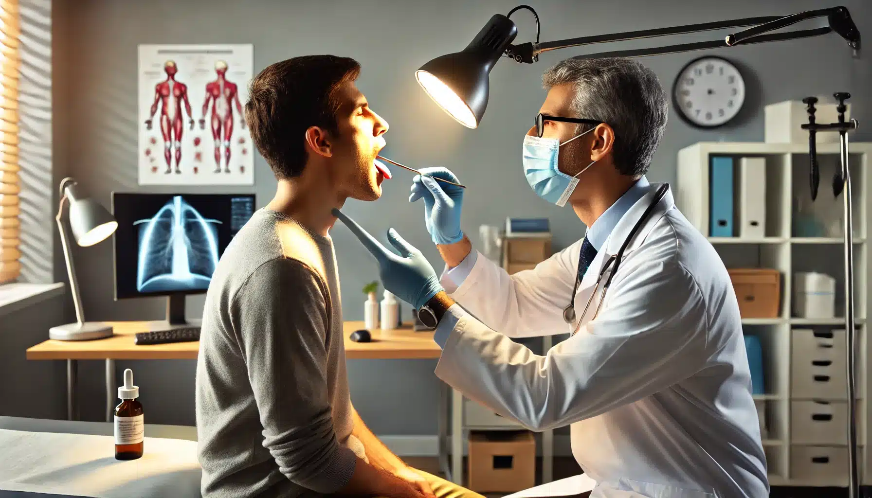 Op de afbeelding is een medische consultatie te zien waarbij een arts de keel van een patiënt onderzoekt.Patiënt en arts:
Een mannelijke patiënt zit op een stoel met zijn mond open, terwijl een mannelijke arts, gekleed in een witte jas en met handschoenen aan, zijn keel onderzoekt met behulp van een spatel en een lamp.
Omgeving:
De scène vindt plaats in wat een spreekkamer of behandelruimte lijkt te zijn, met medische apparatuur en een anatomisch model van een skelet op de achtergrond.
