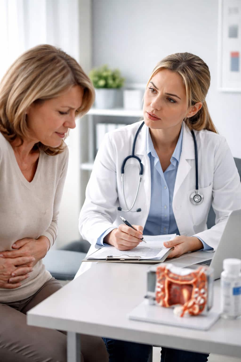 Vrouw met buikklachten in gesprek met een vrouwelijke arts tijdens een consult over mogelijke darmbloeding