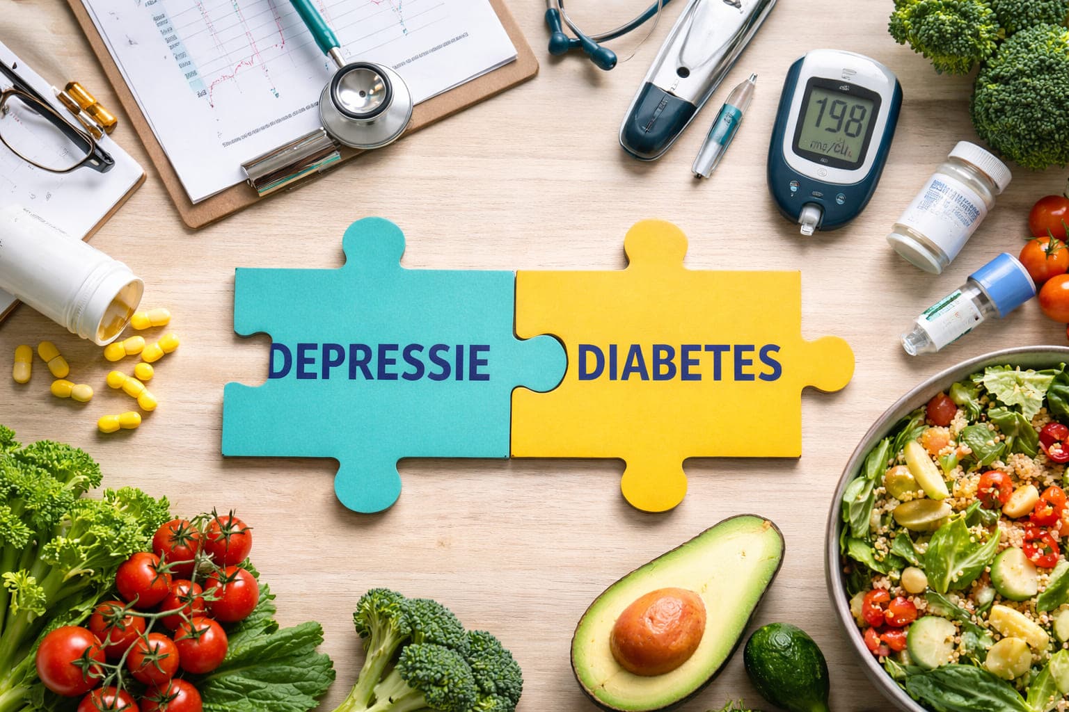 Puzzelstukken met de woorden depressie en diabetes grijpen in elkaar, omringd door een glucosemeter, medicatie, stethoscoop en gezonde voeding op een houten tafel.