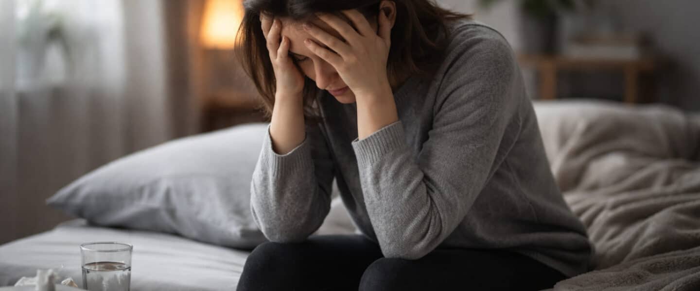Vrouw zit op bed met gebogen houding en handen tegen het hoofd, zichtbaar somber en mentaal uitgeput, passend bij depressieve klachten.