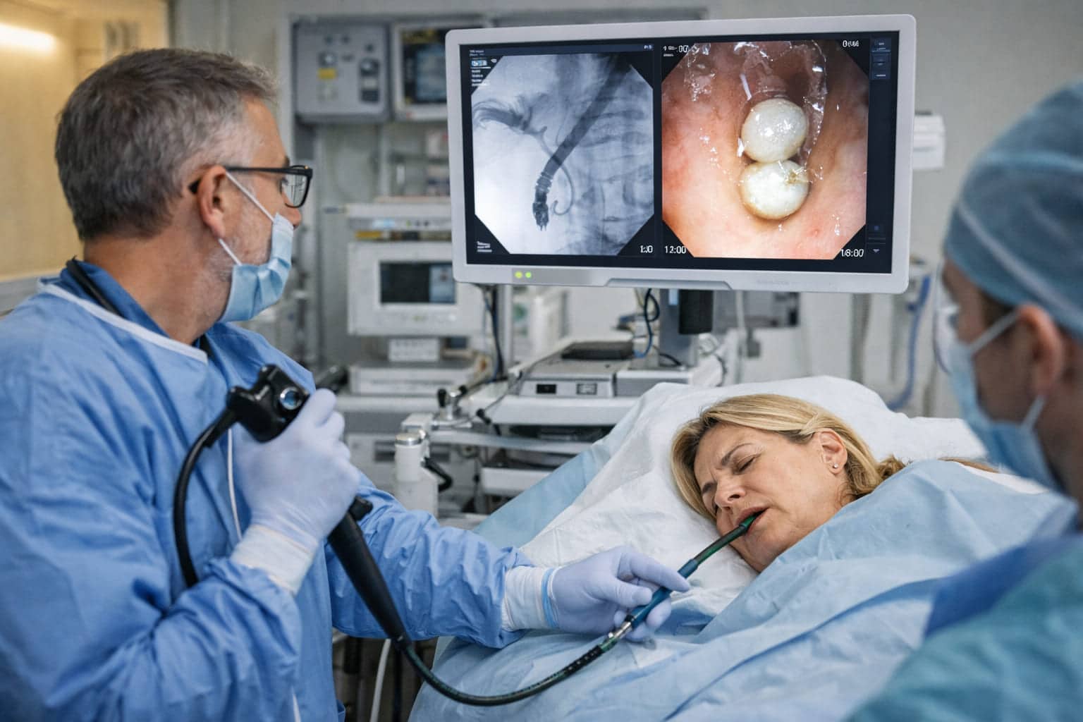 ERCP-behandeling bij galstenen waarbij een arts met een endoscoop via de mond de galwegen onderzoekt en stenen verwijdert
