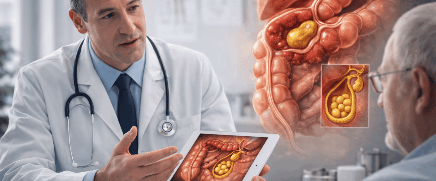 Arts legt in de spreekkamer aan een oudere patiënt uit hoe een galsteen een darmafsluiting kan veroorzaken, met een subtiele medische visualisatie van galblaas, darm en vastgelopen steen.