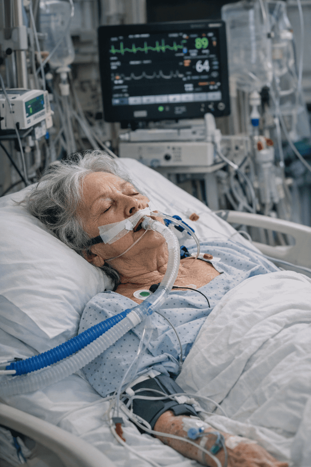 Oudere vrouw op de intensive care, liggend in een ziekenhuisbed met beademingsslang, monitorbewaking en infusen in een realistische medische setting.