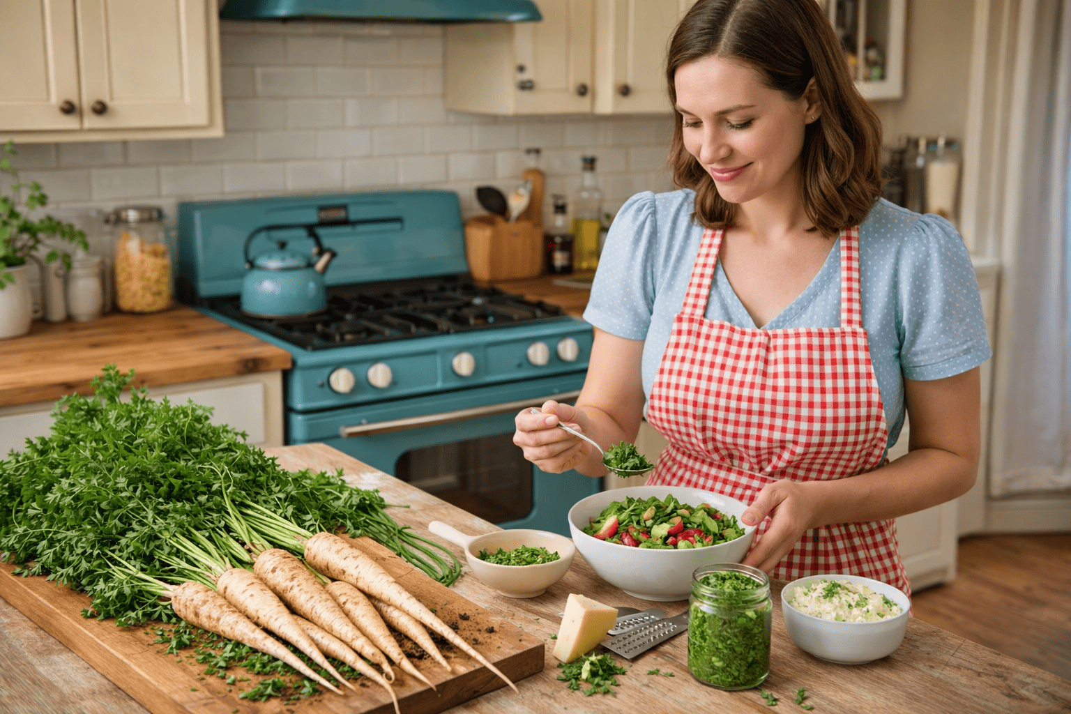Foto van een vrouw in een retro keuken die pastinaakloof verwerkt in een salade; op het aanrecht liggen pastinaken met loof, een kom salade, groene pesto en ingrediënten voor kruidenboter.