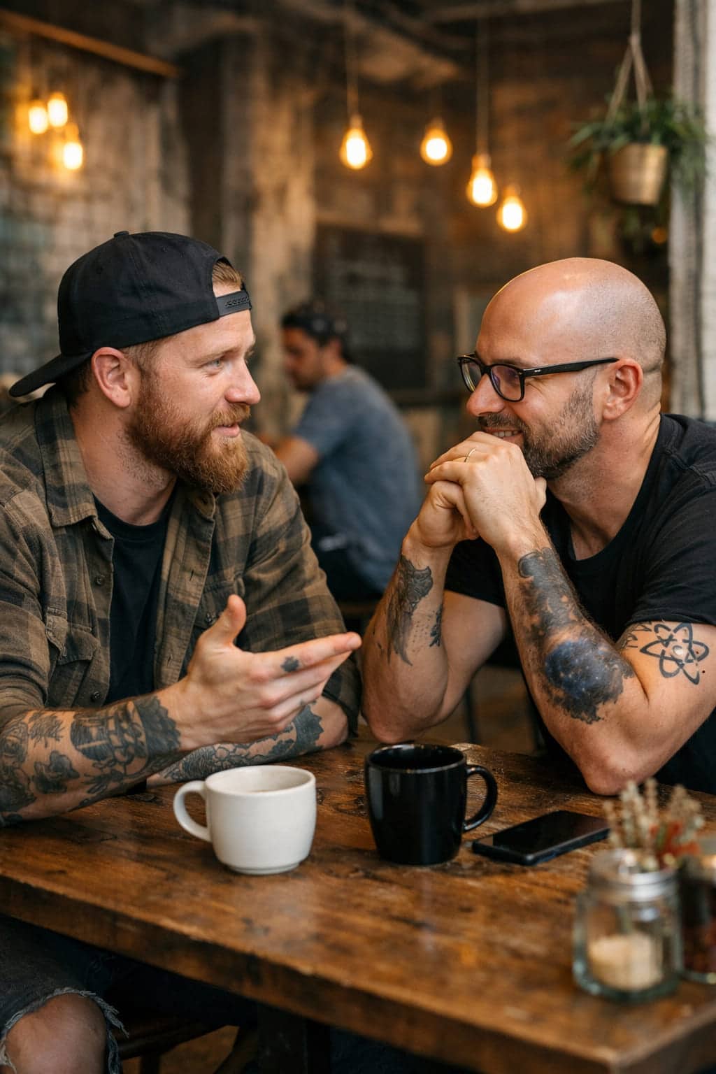 Twee mannen in hip café in gesprek over geloof en atheïsme, met tatoeages en verschillende kledingstijlen