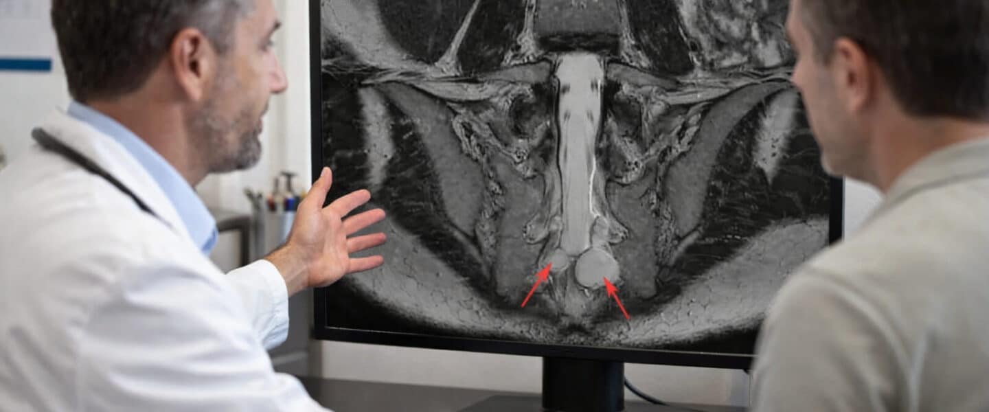 Arts bespreekt MRI-beeld met Tarlov-cysten op het heiligbeen met patiënt tijdens consult