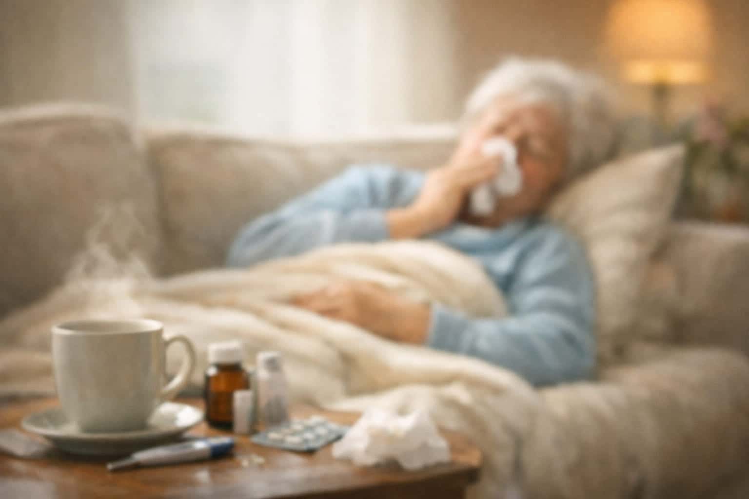 Oudere persoon herstelt thuis van de griep, rustend in een stoel of op bed in een warme woonkamer, met een deken, zachte daglichtsfeer en een licht wazige, rustige uitstraling.