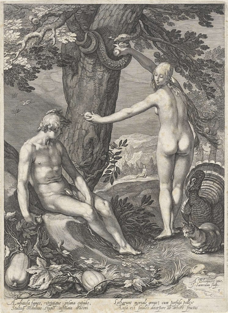 De afbeelding toont een gravure van Adam en Eva, de eerste man en vrouw volgens de Bijbel.
