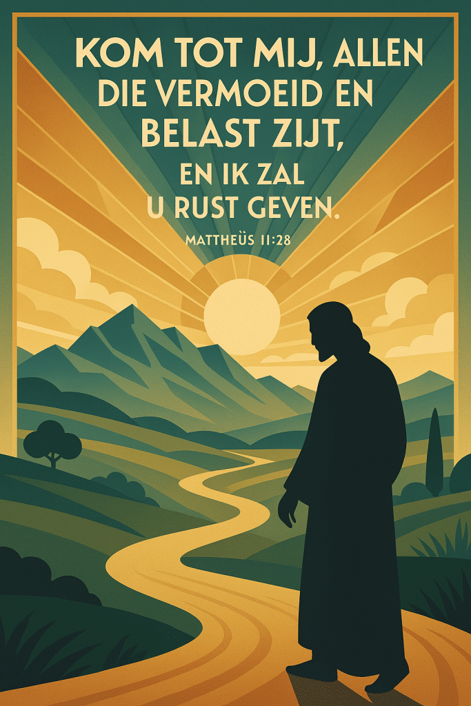 De afbeelding toont een illustratie van Jezus Christus die uitkijkt over een landschap met bergen en een rivier, met een zonsopgang op de achtergrond. De tekst in de afbeelding is een citaat uit de Bijbel, specifiek Mattheüs 11:28.