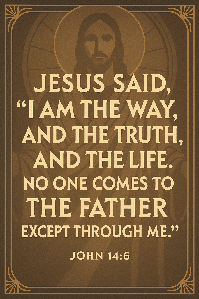 Dit is een citaat uit het Nieuwe Testament, toegeschreven aan Jezus in het Evangelie van Johannes. 
Het citaat is te vinden in Johannes 14:6.
De volledige tekst luidt: "Jezus zei: 'Ik ben de weg, de waarheid en het leven. Niemand komt tot de Vader dan door Mij'".
Deze uitspraak wordt beschouwd als een van de meest exclusieve en belangrijke uitspraken van Jezus over zijn identiteit en zijn rol in het christendom.
Het benadrukt dat Jezus de enige weg is tot God de Vader.