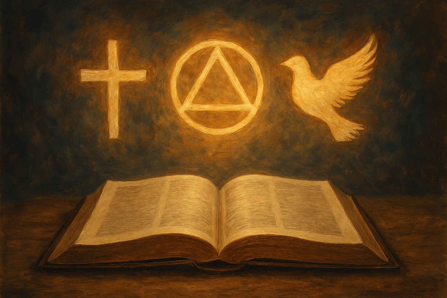 Deze afbeelding toont symbolen die vaak geassocieerd worden met het christelijk geloof en spiritualiteit.
Bijbel: De openstaande boeken vertegenwoordigen de Schrift. 
Kruis: Een centraal symbool voor Jezus Christus en het christendom.
Driehoek in Cirkel: Dit symbool staat vaak voor de Heilige Drie-eenheid: de Vader, de Zoon en de Heilige Geest. 
Duif: Een symbool dat de Heilige Geest of vrede vertegenwoordigt.