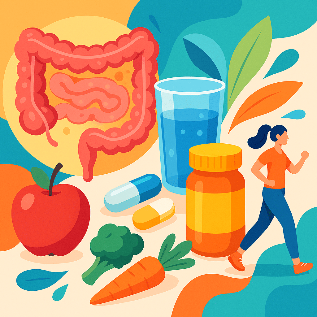Kleurrijke illustratie van een menselijke dikke darm, pillen, een glas water, gezonde voeding (appel, wortel, broccoli), een medicijnfles en een wandelende vrouw als symbolen voor spijsverteringsgezondheid.