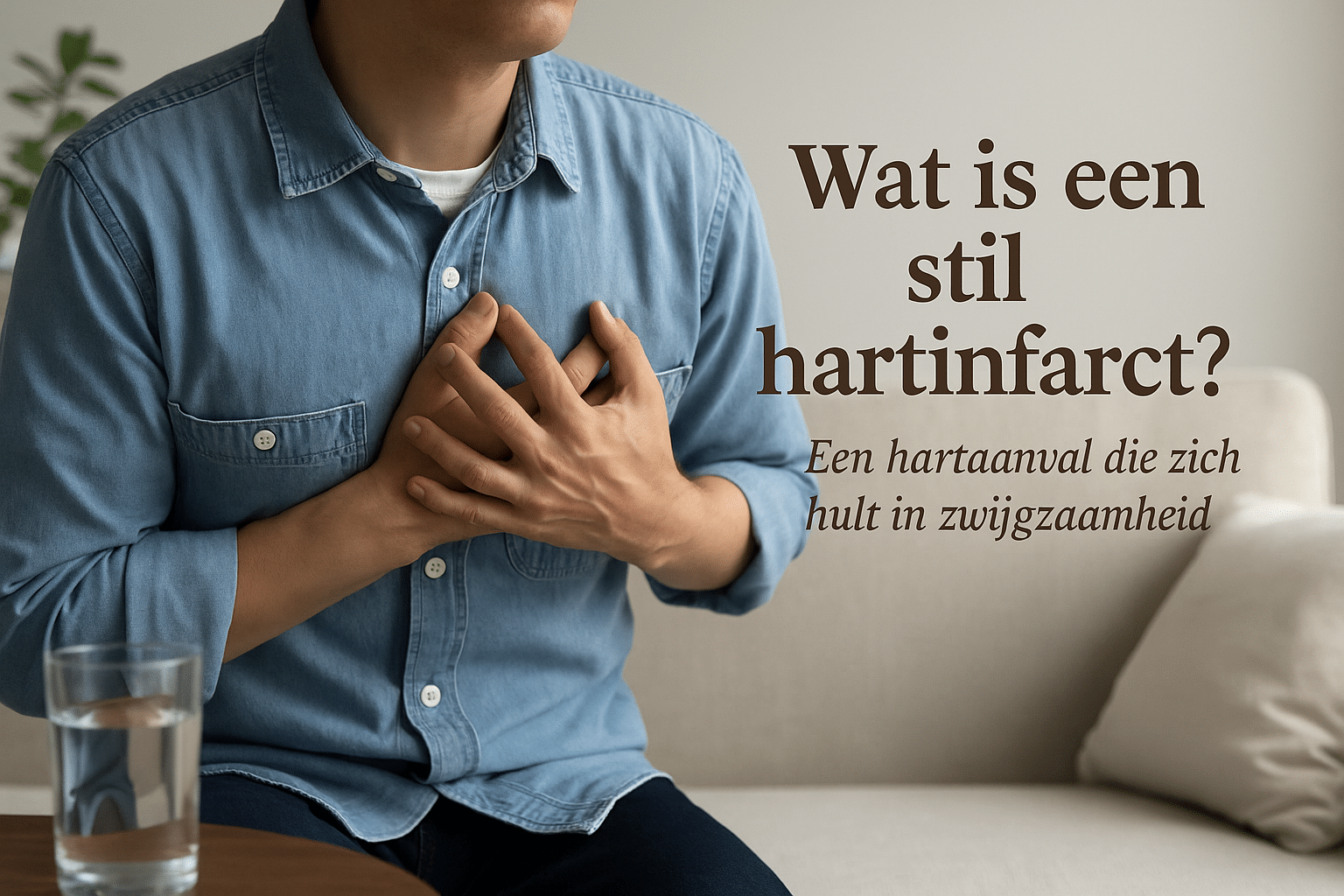 Man in lichtblauw overhemd zit op een crèmekleurige bank, met beide handen op de borst, als illustratie van een stil hartinfarct; op de achtergrond een glazen water en een plant.