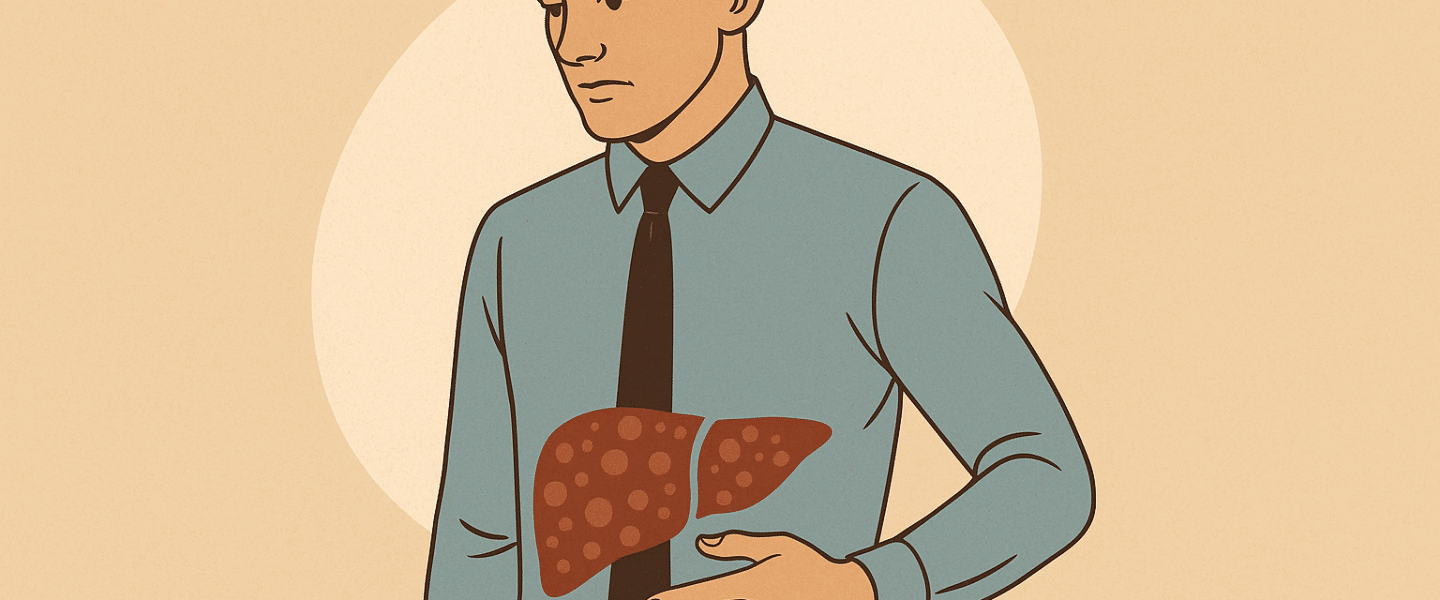 Illustratie van een slanke man in overhemd met een zichtbare tekening van een vervette lever op zijn buik, als symbool voor lean NAFLD.