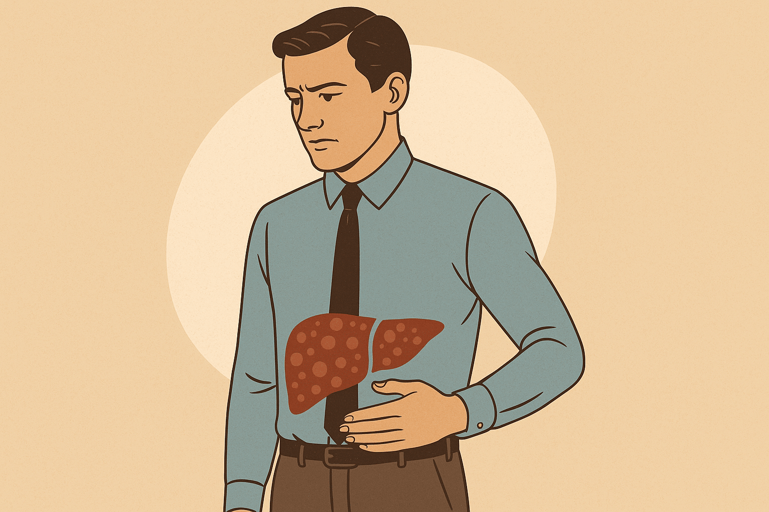Illustratie van een slanke man in overhemd met een zichtbare tekening van een vervette lever op zijn buik, als symbool voor lean NAFLD.