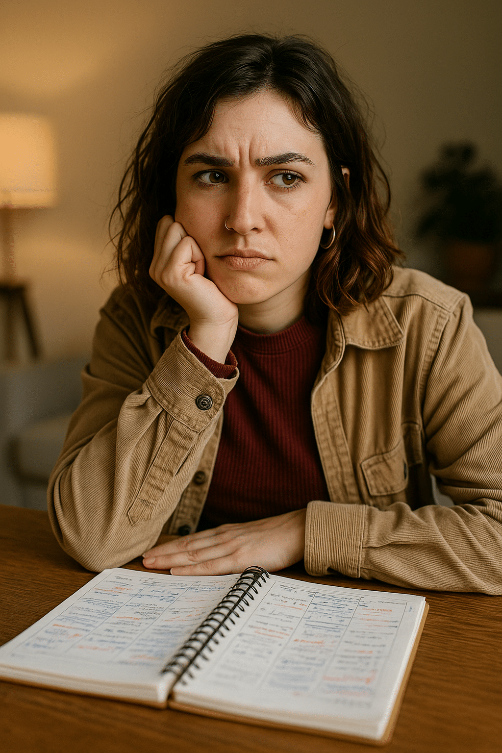 Jonge vrouw met ADHD zit peinzend aan tafel met haar hoofd op haar hand, voor zich een planner vol notities; ze kijkt licht gefrustreerd en overprikkeld.