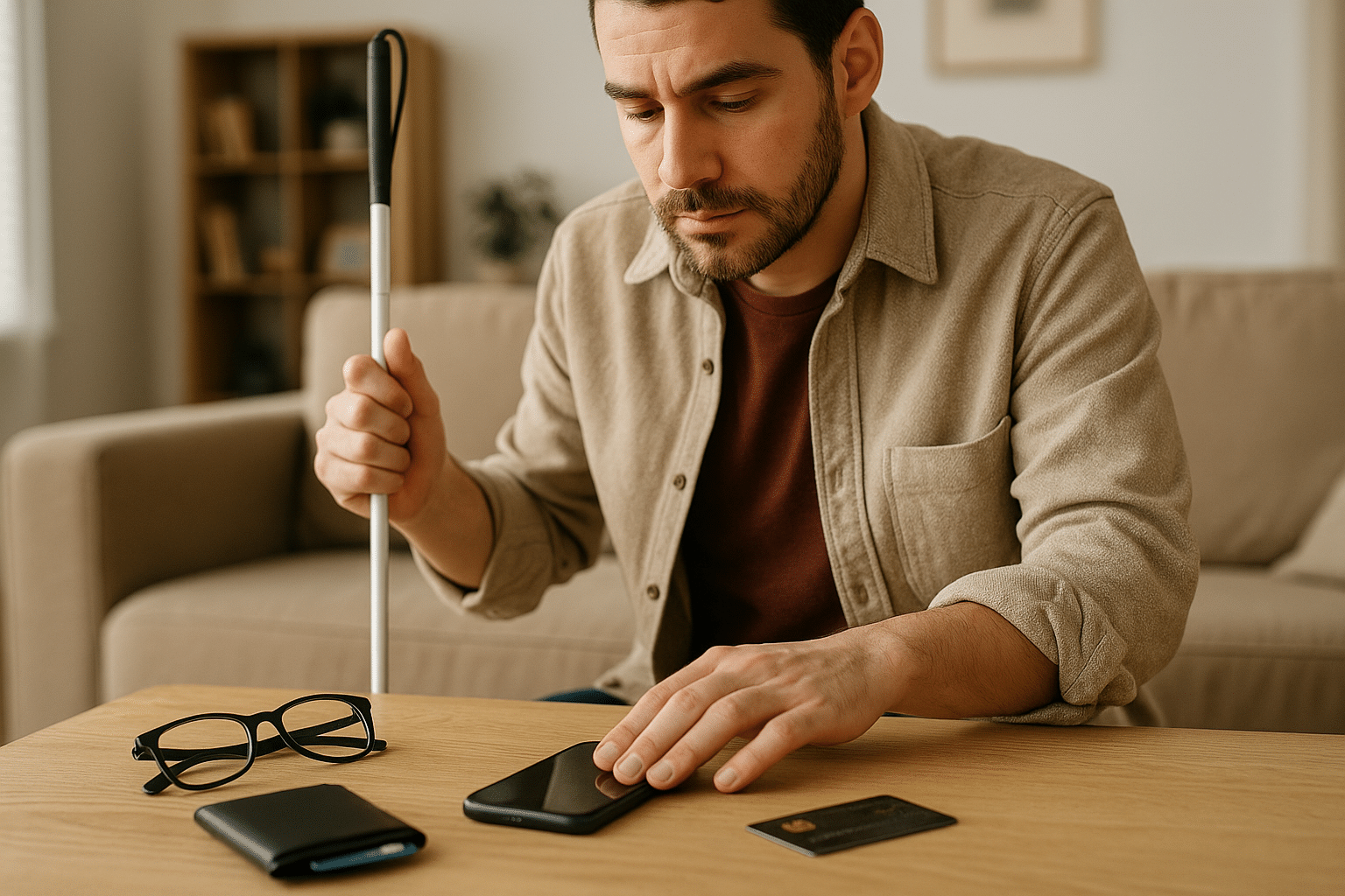 Blinde man zoekt met zijn hand naar een smartphone op een houten tafel; op de tafel liggen ook een bril, een zwarte portemonnee en een bankpas. In zijn andere hand houdt hij een witte taststok vast.