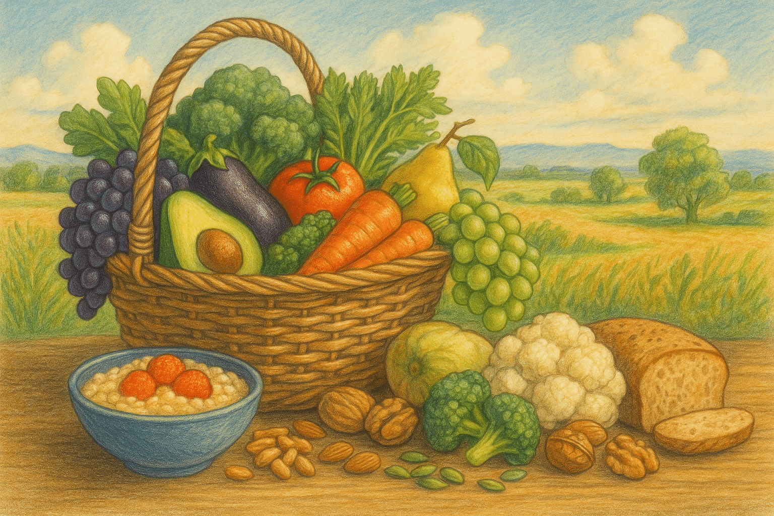 Grote rieten mand gevuld met druiven, avocado, wortels, broccoli, tomaat, peer en andere verse producten, omringd door brood, noten en een kom pap, met een zomers landschap op de achtergrond.