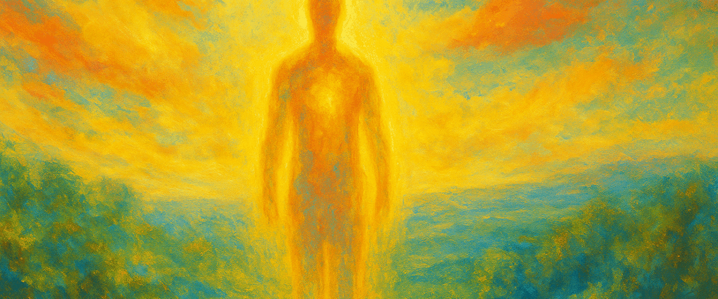 Fleurige schildering van een menselijke figuur in warme geel-oranje gloed, omgeven door kleurrijke lucht en landschap.
