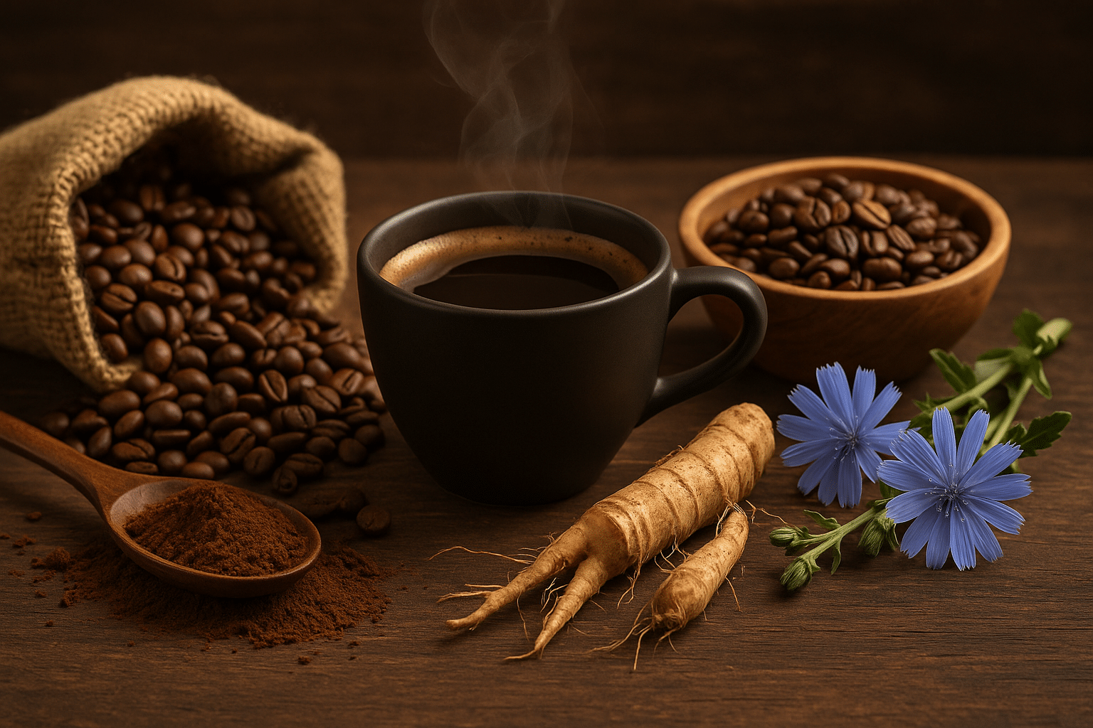 Zwarte koffiekop met damp, naast koffiebonen, gemalen koffie, cichoreiwortels en blauwe cichoreibloemen op een houten tafel.