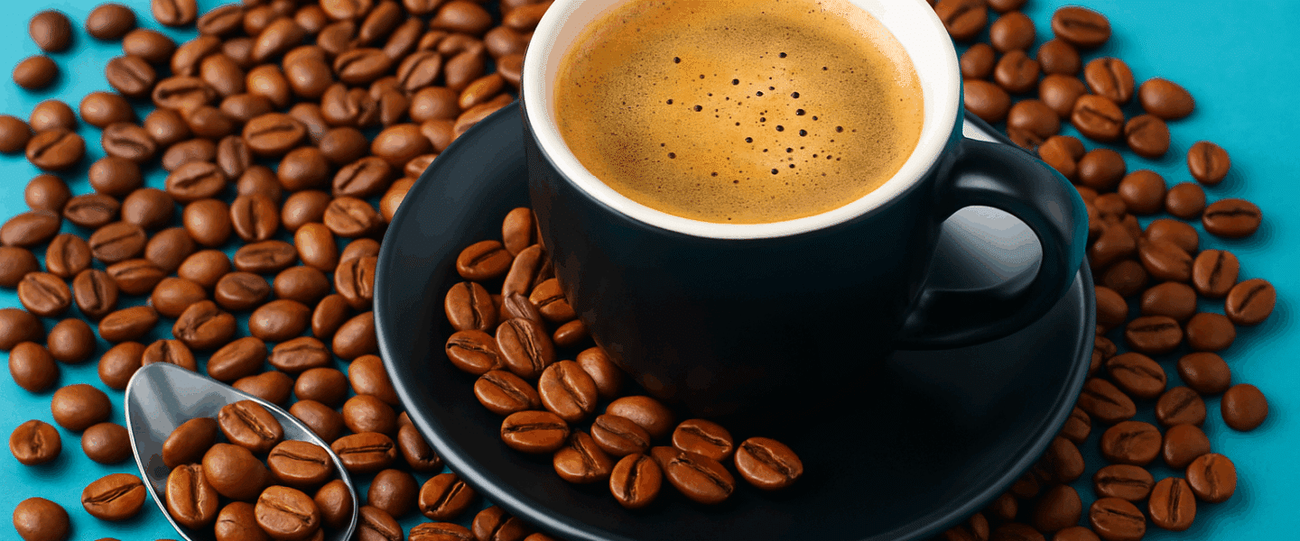 Zwarte koffiekop met espresso en cremalaag, omgeven door koffiebonen en een zilveren lepel op een turquoise ondergrond.