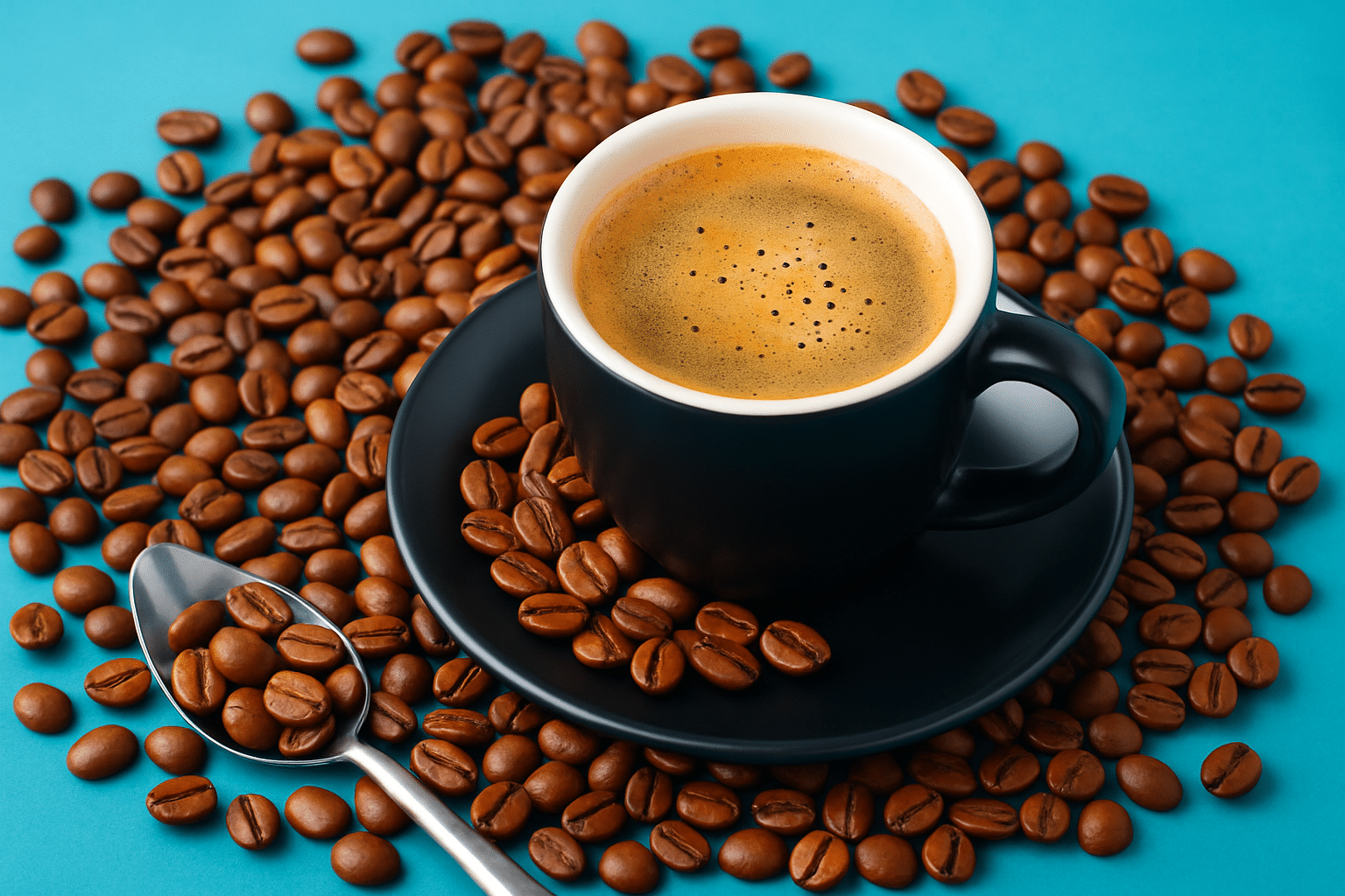 Zwarte koffiekop met espresso en cremalaag, omgeven door koffiebonen en een zilveren lepel op een turquoise ondergrond.