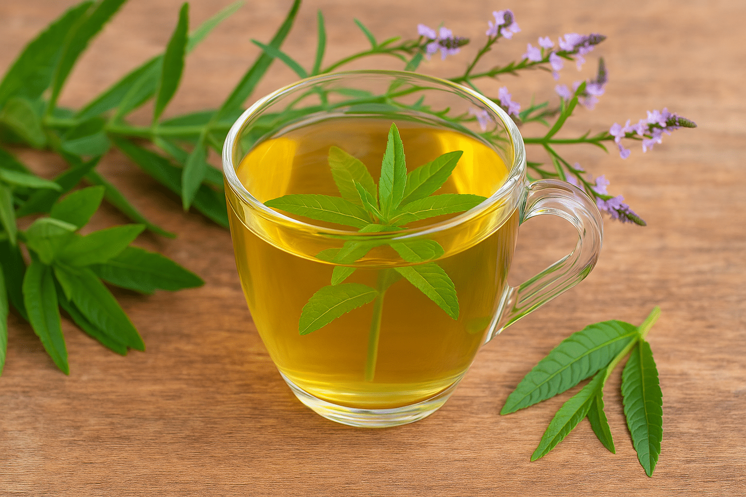 Glas thee met verse verbena-bladeren en paarse bloemetjes op een houten tafel.