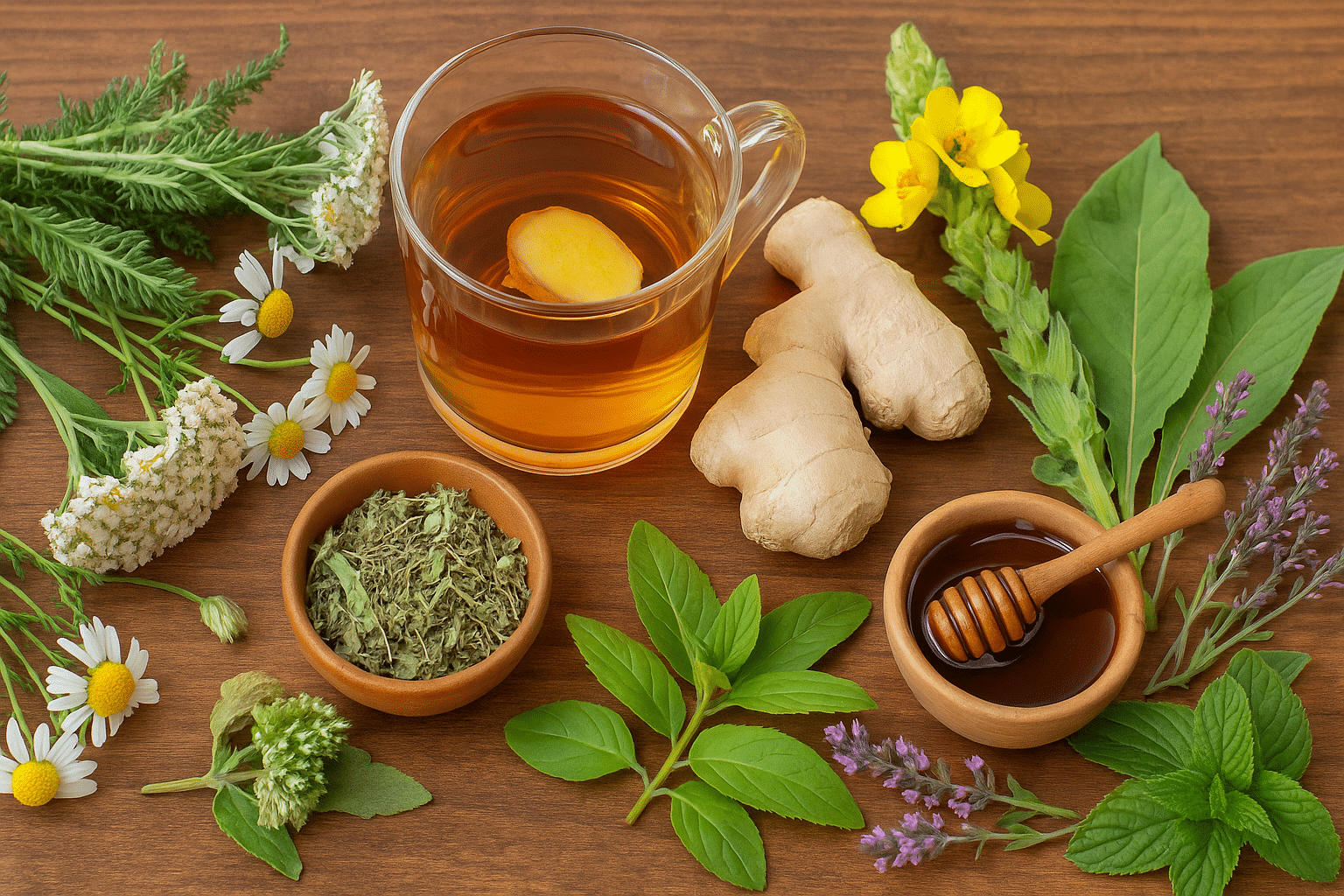 Glas kruidenthee met gember, omringd door salie, kamille, koningskaars, munt, honing en andere geneeskrachtige kruiden op een houten tafel.