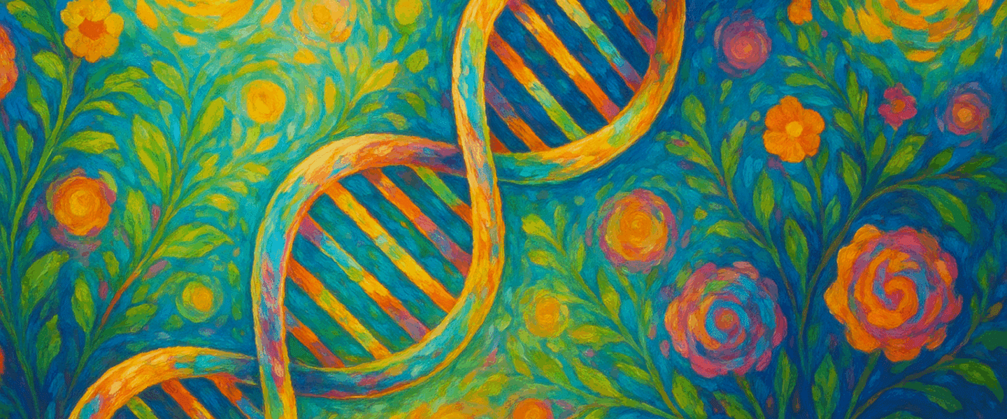 Abstracte, fleurige illustratie van een DNA-dubbelhelix met bloemmotieven, in levendige kleuren die de harmonie en complexiteit van de schepping symboliseren.